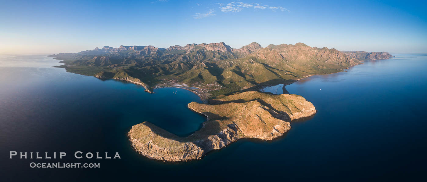 San Evaristo at dawn, panoramic view, a small fishing town, aerial photo, Sea of Cortez, Baja California., natural history stock photograph, photo id 33490