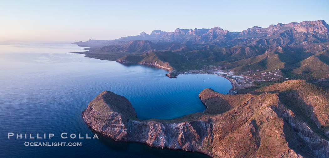 San Evaristo at dawn, panoramic view, a small fishing town, aerial photo, Sea of Cortez, Baja California., natural history stock photograph, photo id 33488