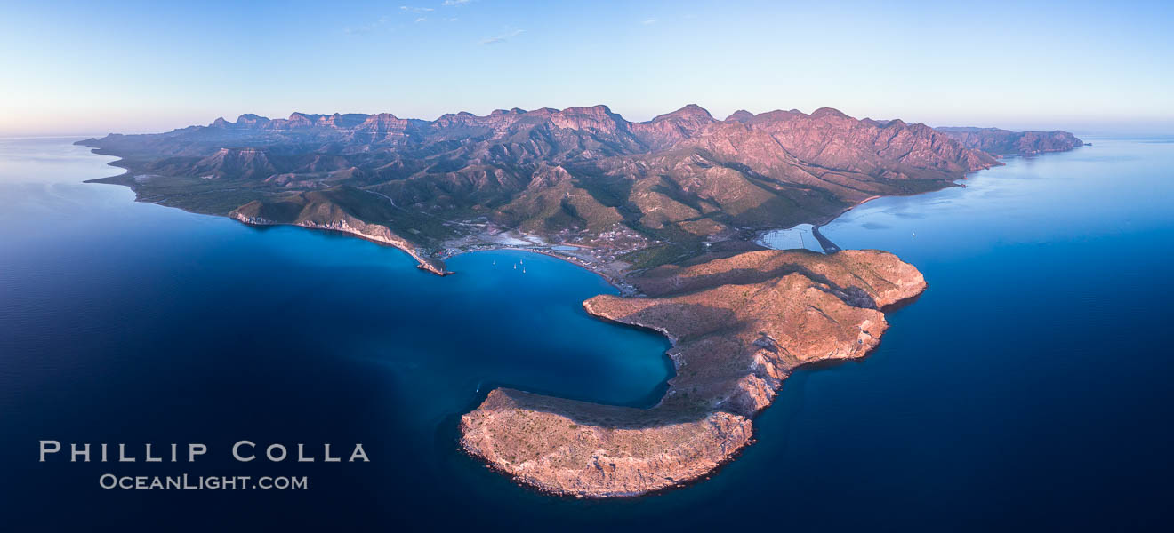 San Evaristo at dawn, panoramic view, a small fishing town, aerial photo, Sea of Cortez, Baja California. Mexico, natural history stock photograph, photo id 33487