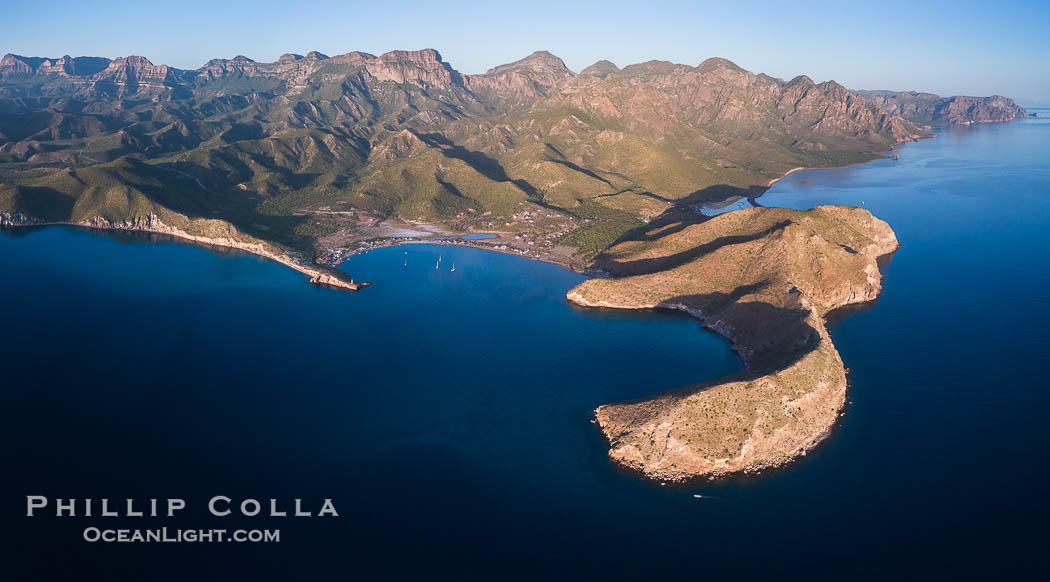 San Evaristo at dawn, panoramic view, a small fishing town, aerial photo, Sea of Cortez, Baja California., natural history stock photograph, photo id 33491