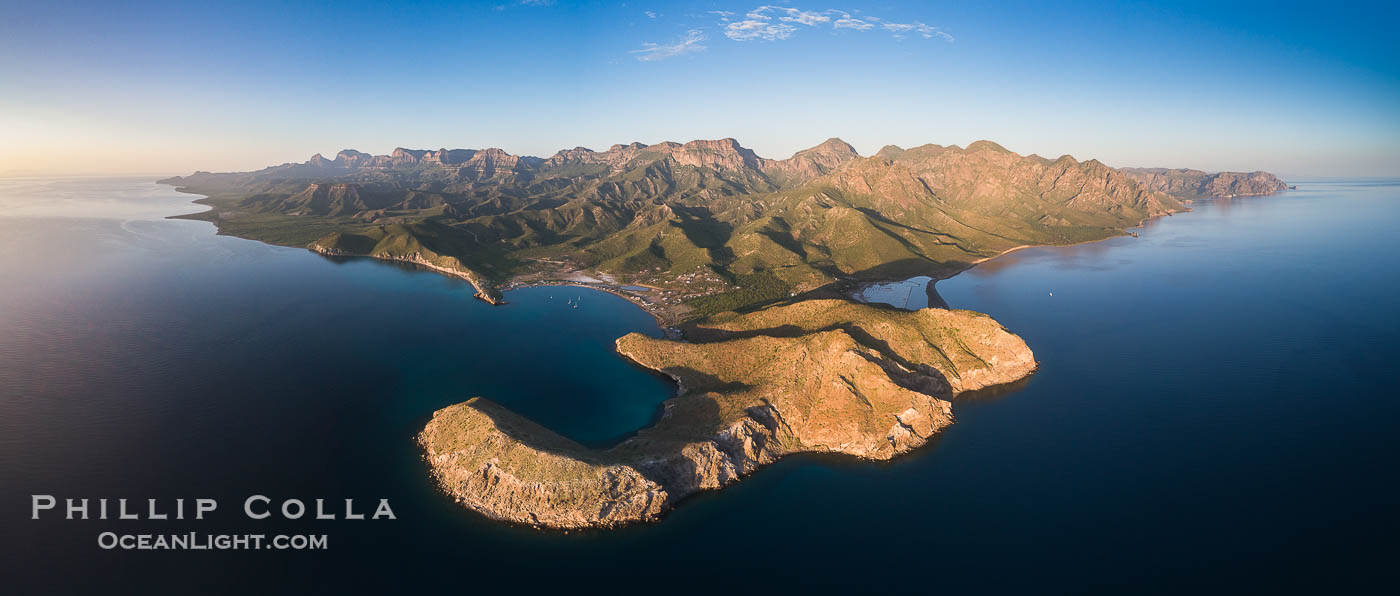 San Evaristo at dawn, panoramic view, a small fishing town, aerial photo, Sea of Cortez, Baja California., natural history stock photograph, photo id 37323