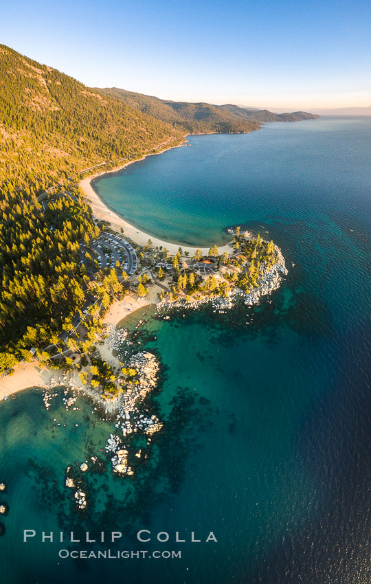 Sand Harbor Lake Tahoe at sunset, aerial photo. Nevada, USA, natural history stock photograph, photo id 38134