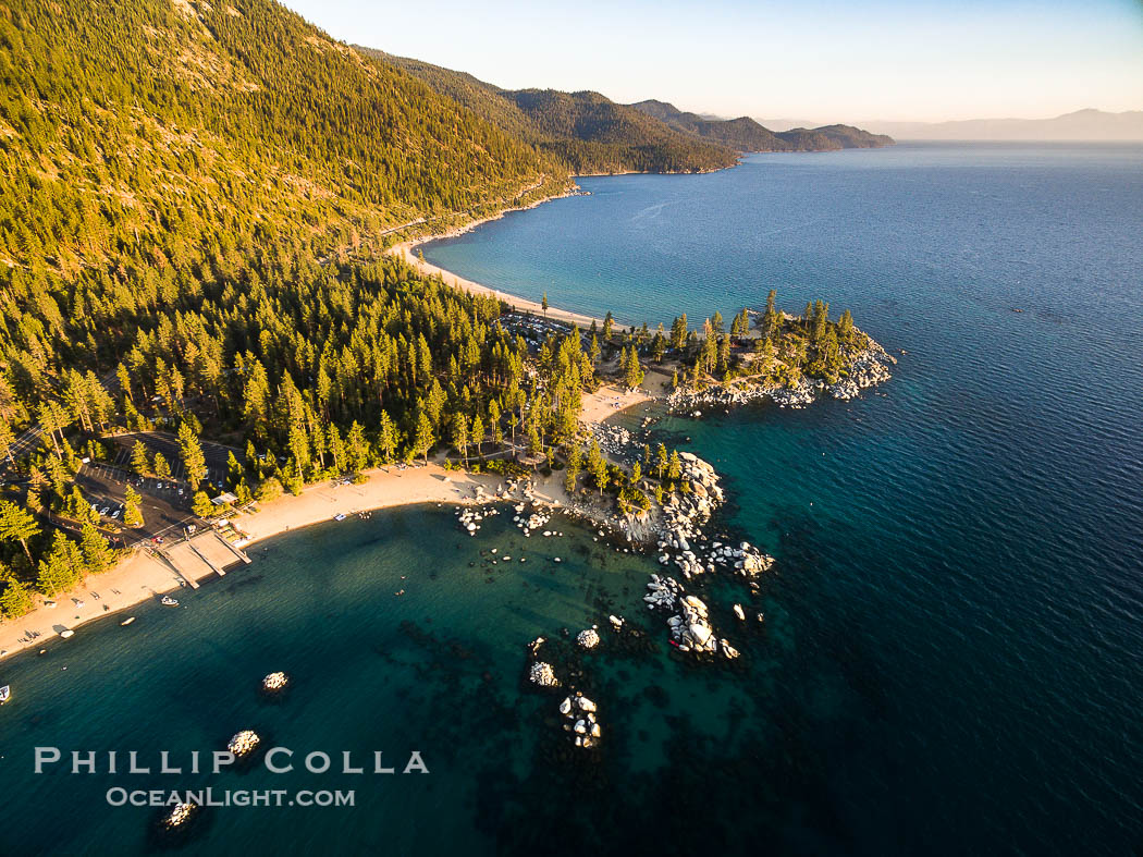 Sand Harbor Lake Tahoe at sunset, aerial photo., natural history stock photograph, photo id 38254