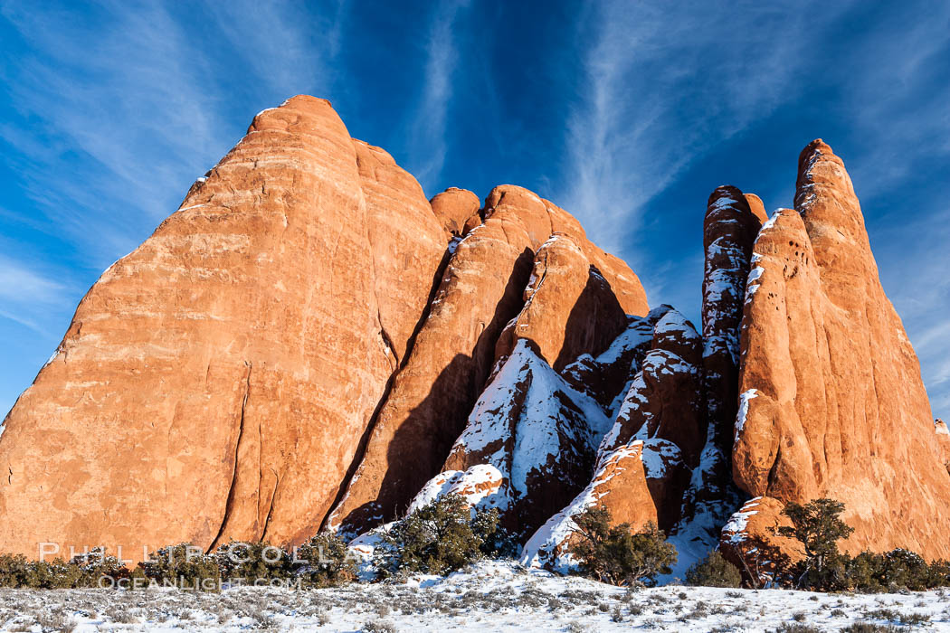 Fins.  The vertical slabs of Entrada sandstone may become natural sandstone arches. Arches National Park, Utah, USA, natural history stock photograph, photo id 18187