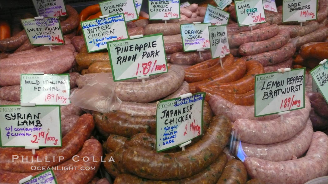 Sausages and bratwurst variety, Public Market, Granville Island, Vancouver. British Columbia, Canada, natural history stock photograph, photo id 21201
