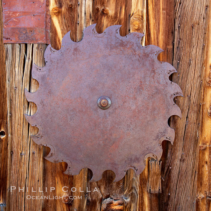 Saw blade, attached to side of the old sawmill. Bodie State Historical Park, California, USA, natural history stock photograph, photo id 23123