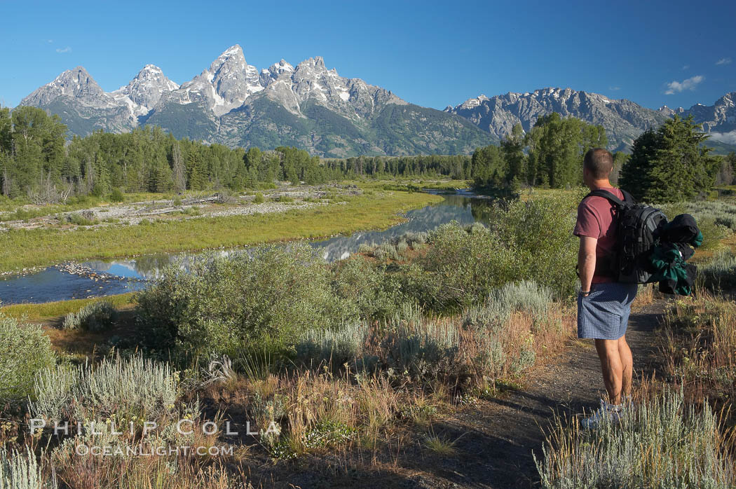 A hiker admires the Teton Range. Schwabacher Landing, Grand Teton National Park, Wyoming, USA, natural history stock photograph, photo id 12991