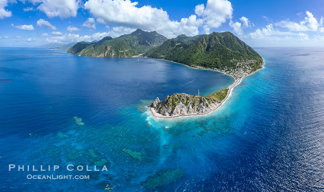 Scotts Head aerial panoramic photo. Dominica is referred to as the Nature Island for its lush forests and spectacular terrain