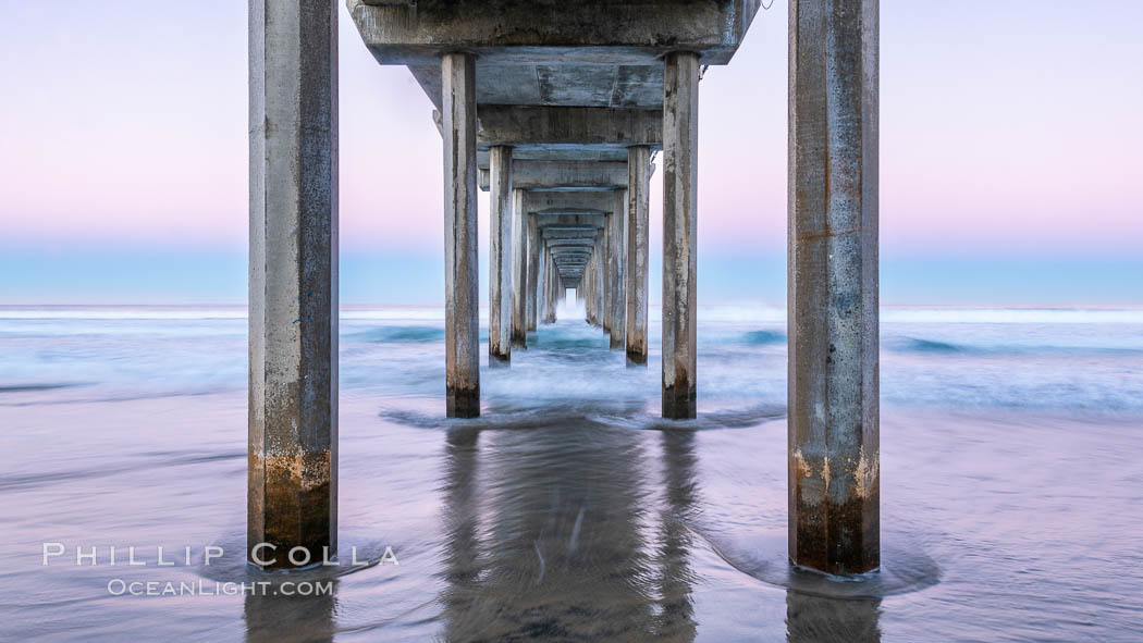 Scripps Institution of Oceanography Pier and Belt of Venus in pre-dawn light. The Earth's shadow appears as the blue just above the horizon. La Jolla, California, USA, natural history stock photograph, photo id 37697