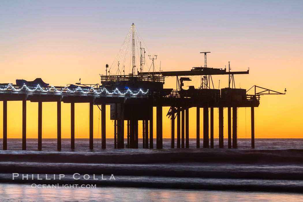 Scripps Institution of Oceanography Research Pier at sunset, with Christmas Lights and Christmas Tree. La Jolla, California, USA, natural history stock photograph, photo id 36613