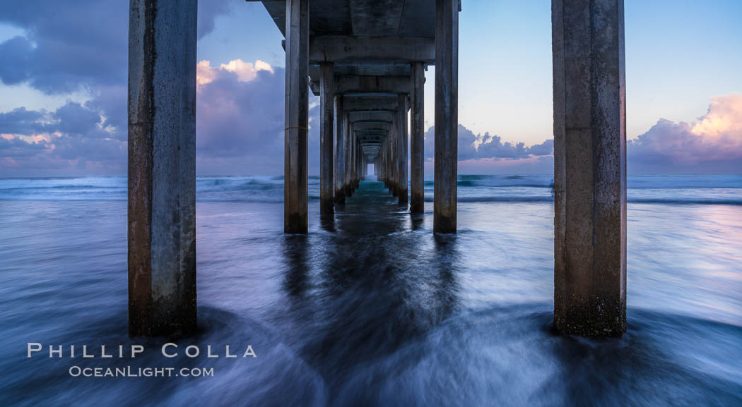 Scripps Pier and moving water, pre-dawn light, La Jolla. California, USA, natural history stock photograph, photo id 30179