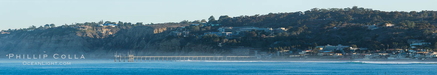 Scripps Pier, Scripps Institute of Oceanography Research Pier, viewed from Point La Jolla, surfers and seabirds, Torrey Pines seacliffs. California, USA, natural history stock photograph, photo id 28358