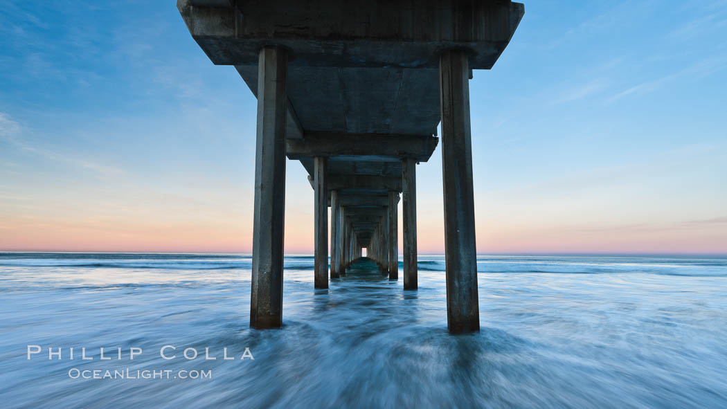 Scripps Pier, predawn abstract study of pier pilings and moving water. Scripps Institution of Oceanography, La Jolla, California, USA, natural history stock photograph, photo id 26461