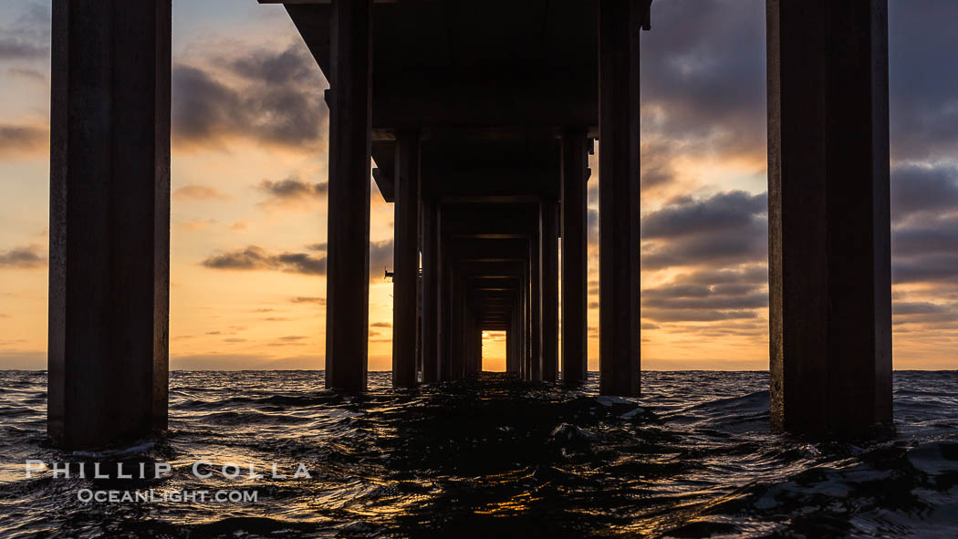 Scripps Pier, Surfer's view from among the waves. Research pier at Scripps Institution of Oceanography SIO, sunset., natural history stock photograph, photo id 30146