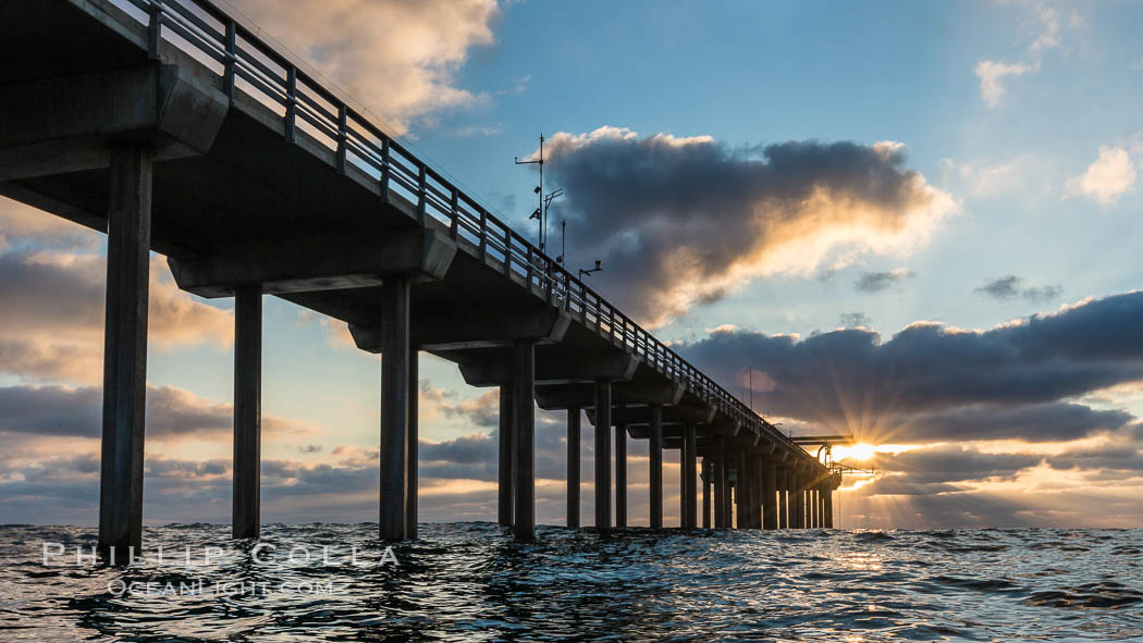 Scripps Pier, Surfer's view from among the waves. Research pier at Scripps Institution of Oceanography SIO, sunset. La Jolla, California, USA, natural history stock photograph, photo id 30160