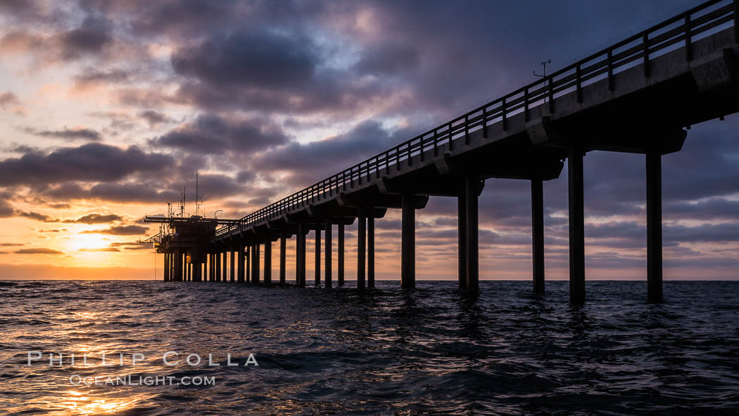 Scripps Pier, Surfer's view from among the waves. Research pier at Scripps Institution of Oceanography SIO, sunset. La Jolla, California, USA, natural history stock photograph, photo id 30147