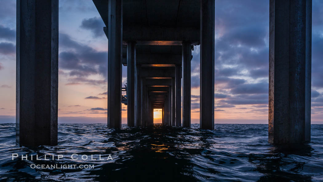 Scripps Pier, Surfer's view from among the waves. Research pier at Scripps Institution of Oceanography SIO, sunset. La Jolla, California, USA, natural history stock photograph, photo id 30149