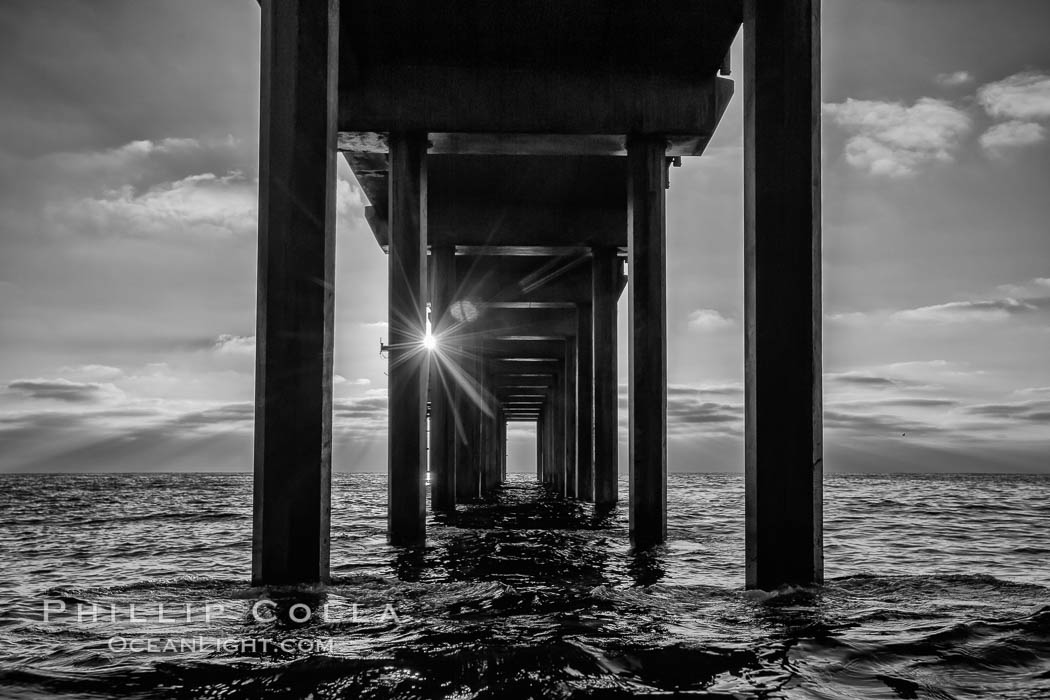 Scripps Pier, Surfer's view from among the waves. Research pier at Scripps Institution of Oceanography SIO, sunset. La Jolla, California, USA, natural history stock photograph, photo id 30157