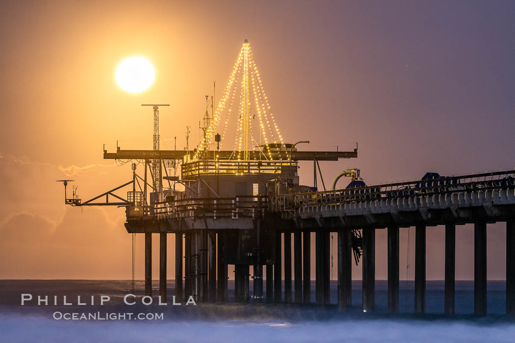 Scripps Pier with Christmas Lights and Full Moon at Sunrise, La Jolla, California Scripps Pier with Christmas Lights and Full Moon at Sunrise, La Jolla, California