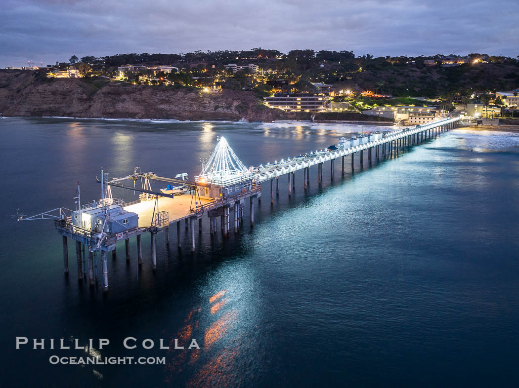 Scripps Pier with Holiday Christmas Lights Aerial Photo, seen here just before sunrise. La Jolla, California, USA, natural history stock photograph, photo id 39998