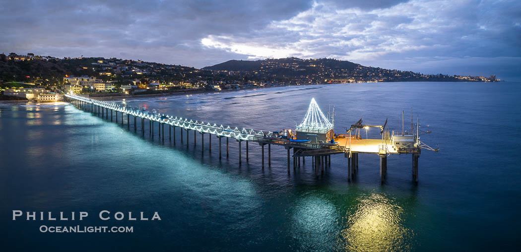 Scripps Pier with Holiday Christmas Lights Aerial Photo, seen here just before sunrise. La Jolla, California, USA, natural history stock photograph, photo id 39997