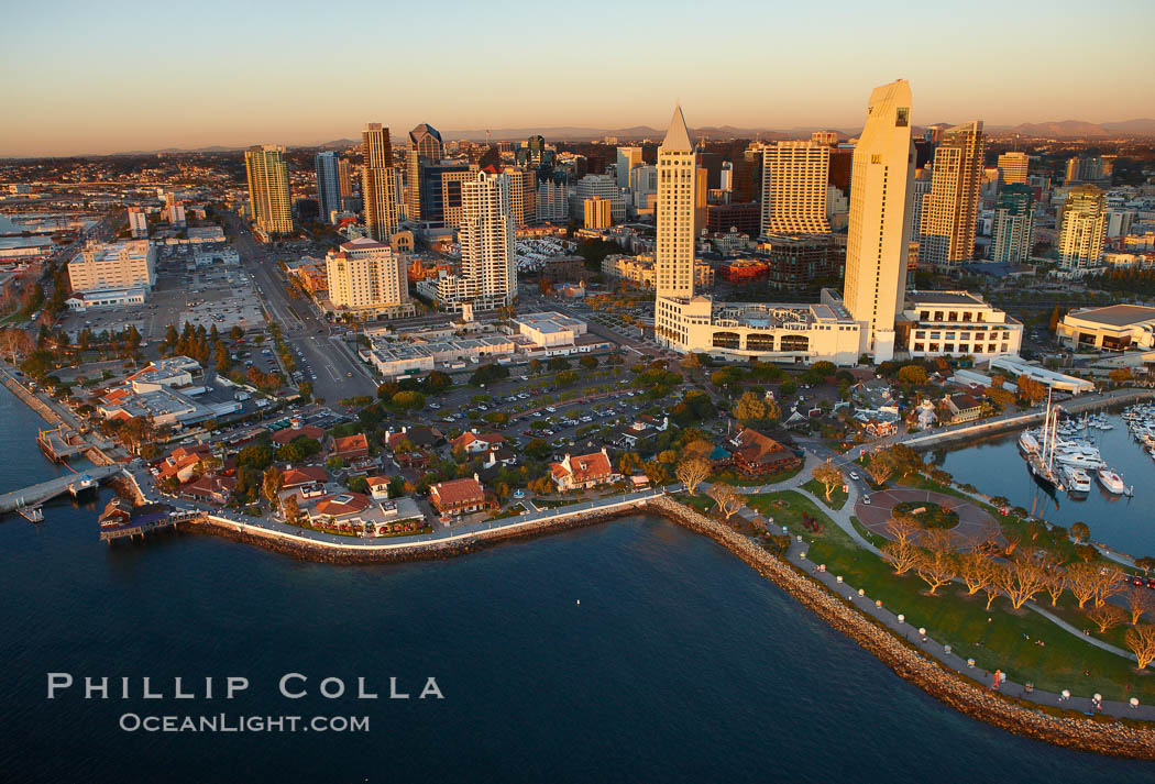 Seaport Village (center) and Embarcadero Marine Park and marina (right) with the towers of the Grand Hyatt hotel rising above. San Diego, California, USA, natural history stock photograph, photo id 22406
