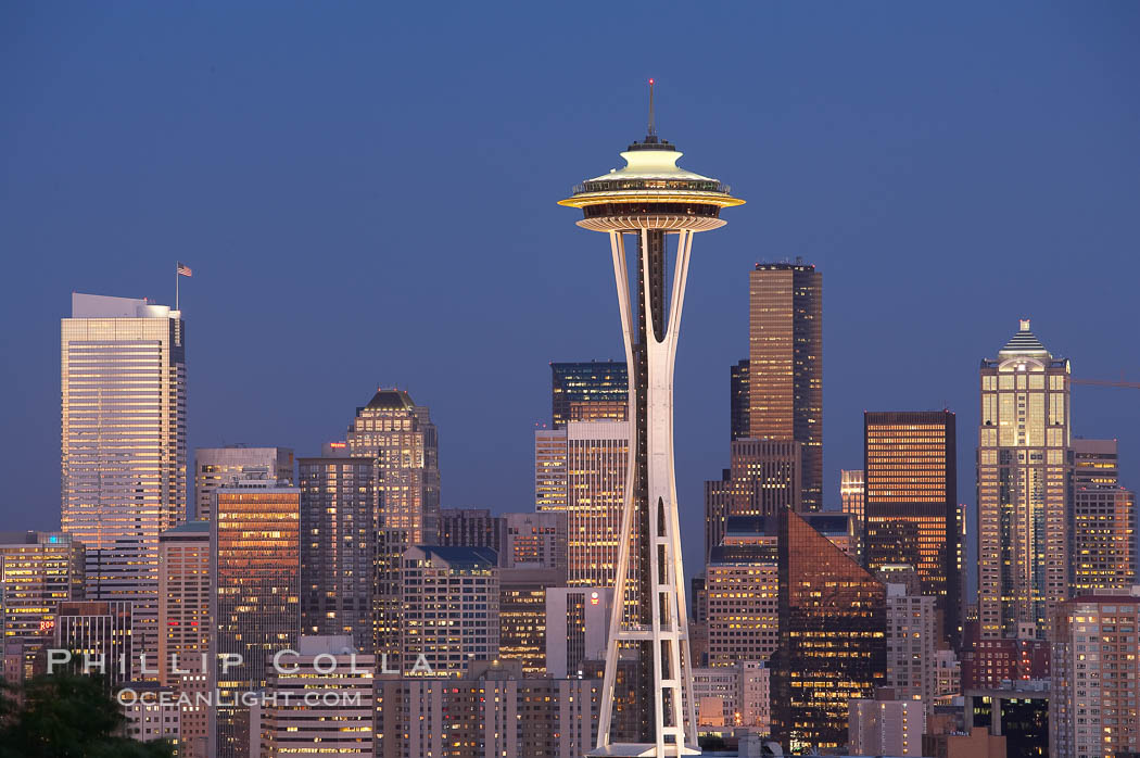 Seattle city skyline at dusk, Space Needle at right. Washington, USA, natural history stock photograph, photo id 13663