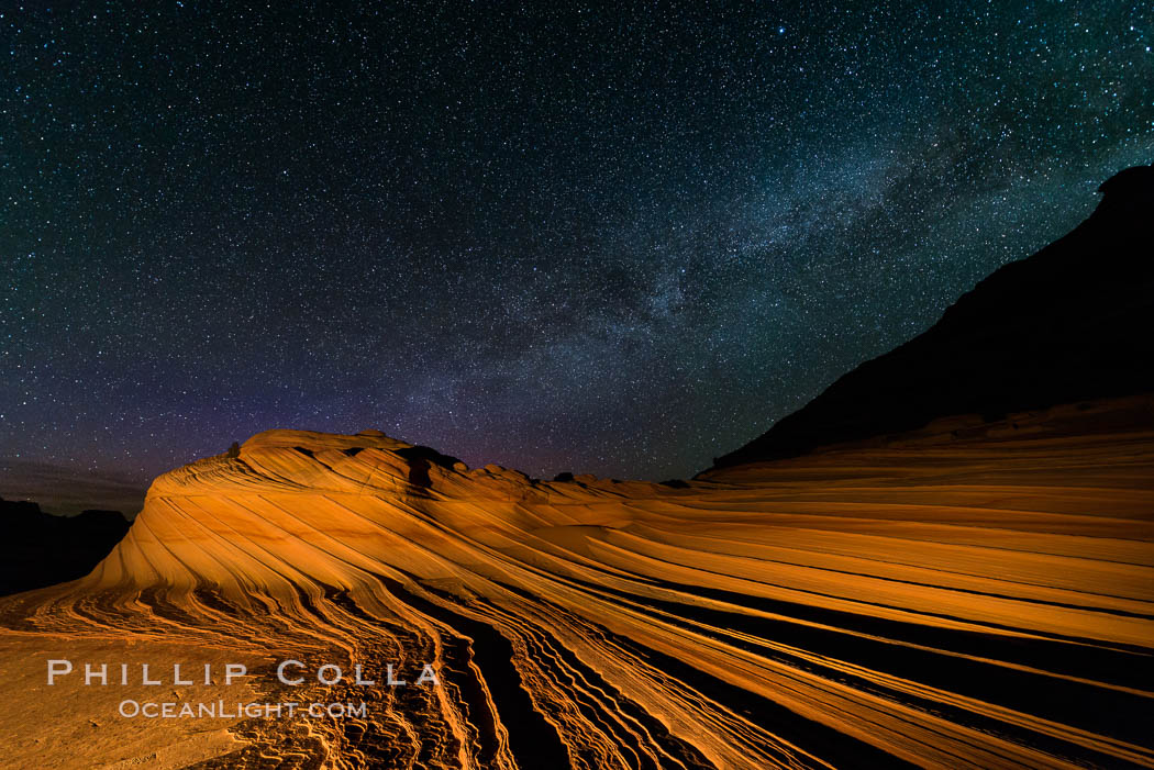 The Second Wave at Night.  The Second Wave, a spectacular sandstone formation in the North Coyote Buttes, lies under a sky full of stars. Paria Canyon-Vermilion Cliffs Wilderness, Arizona, USA, natural history stock photograph, photo id 28628
