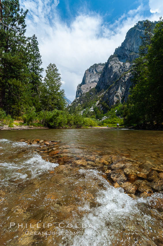 The South Fork of the Kings River flows through Kings Canyon National Park, in the southeastern Sierra mountain range. Grand Sentinel, a huge granite monolith, is visible on the right above pine trees. Late summer. Sequoia Kings Canyon National Park, California, USA, natural history stock photograph, photo id 09856