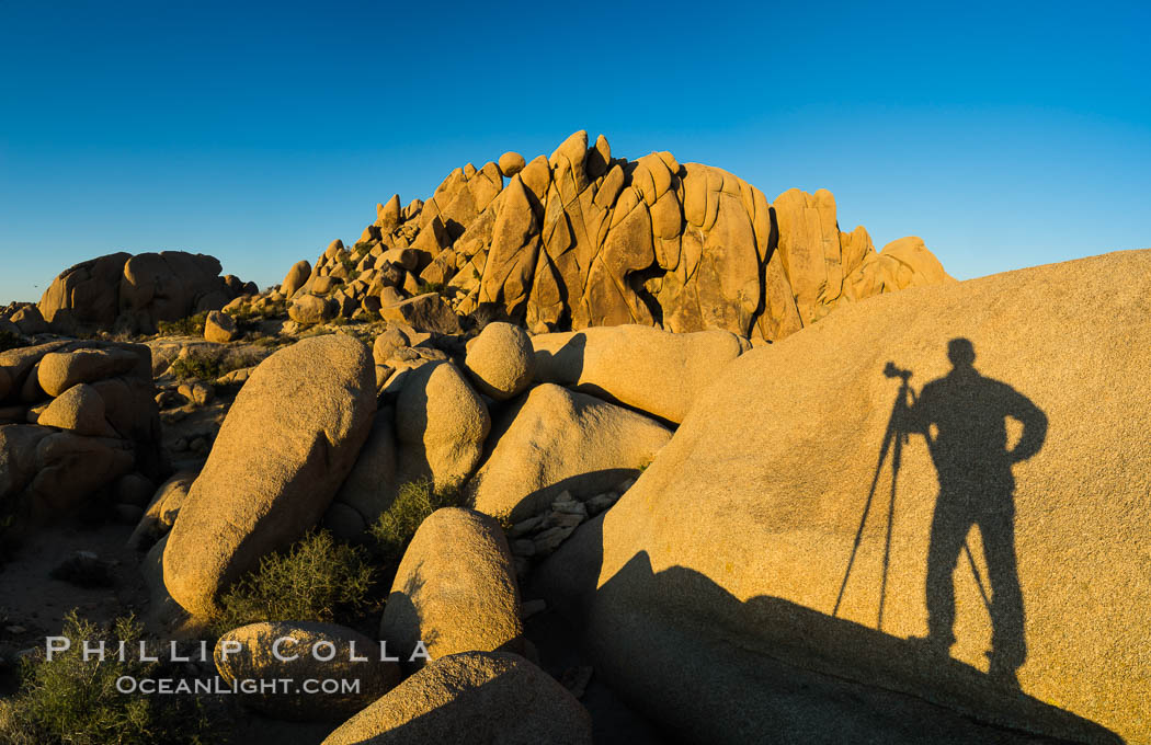 Self portrait in shadow, Jumbo Rocks, Joshua Tree National Park. California, USA, natural history stock photograph, photo id 29183