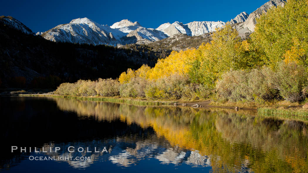 Sierra Nevada mountains and aspen trees, fall colors reflected in the still waters of North Lake. Bishop Creek Canyon Sierra Nevada Mountains, California, USA, Populus tremuloides, natural history stock photograph, photo id 26061