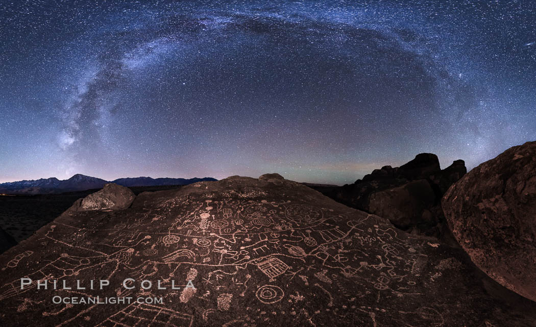 Image 28799, The Milky Way at Night over Sky Rock, panorama, spherical projection.  Sky Rock petroglyphs near Bishop, California. Hidden atop an enormous boulder in the Volcanic Tablelands lies Sky Rock, a set of petroglyphs that face the sky. These superb examples of native American petroglyph artwork are thought to be Paiute in origin, but little is known about them. USA, Phillip Colla, all rights reserved worldwide. Keywords: astrophotography, bishop, california, chalfant, chalfant petroglyphs, evening, hidden location, indian, landscape, landscape astrophotography, milky way, milky way galaxy, native american, night, outdoors, outside, owens valley, paiute, paiute-shoshone, petroglyph, pictograph, scene, scenery, scenic, shoshone, shoshone-paiute, sierra, sierra nevada, sky rock, southwest, stars, volcanic tablelands, wall art.