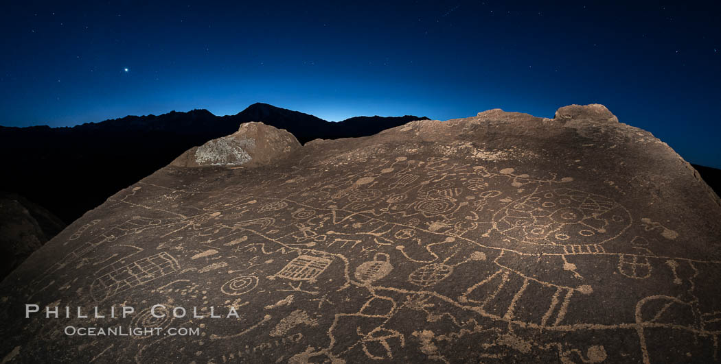 Sunset, planet Venus and stars over Sky Rock.  Sky Rock petroglyphs near Bishop, California. Hidden atop an enormous boulder in the Volcanic Tablelands lies Sky Rock, a set of petroglyphs that face the sky. These superb examples of native American petroglyph artwork are thought to be Paiute in origin, but little is known about them., natural history stock photograph, photo id 28801
