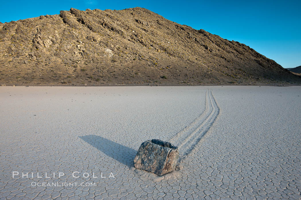 A sliding rock of the Racetrack Playa.  The sliding rocks, or sailing stones, move across the mud flats of the Racetrack Playa, leaving trails behind in the mud.  The explanation for their movement is not known with certainty, but many believe wind pushes the rocks over wet and perhaps icy mud in winter. Death Valley National Park, California, USA, natural history stock photograph, photo id 25266