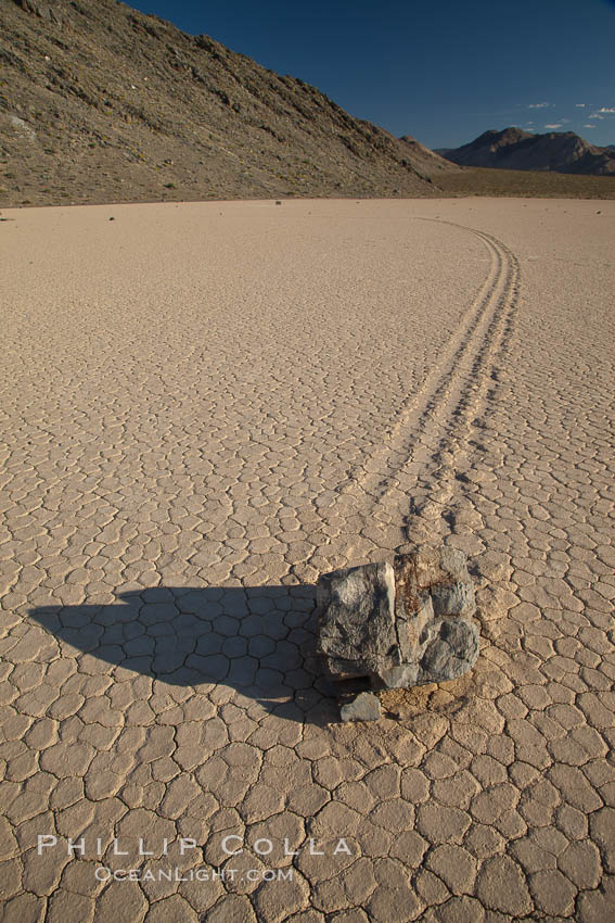 A sliding rock of the Racetrack Playa.  The sliding rocks, or sailing stones, move across the mud flats of the Racetrack Playa, leaving trails behind in the mud.  The explanation for their movement is not known with certainty, but many believe wind pushes the rocks over wet and perhaps icy mud in winter. Death Valley National Park, California, USA, natural history stock photograph, photo id 25332