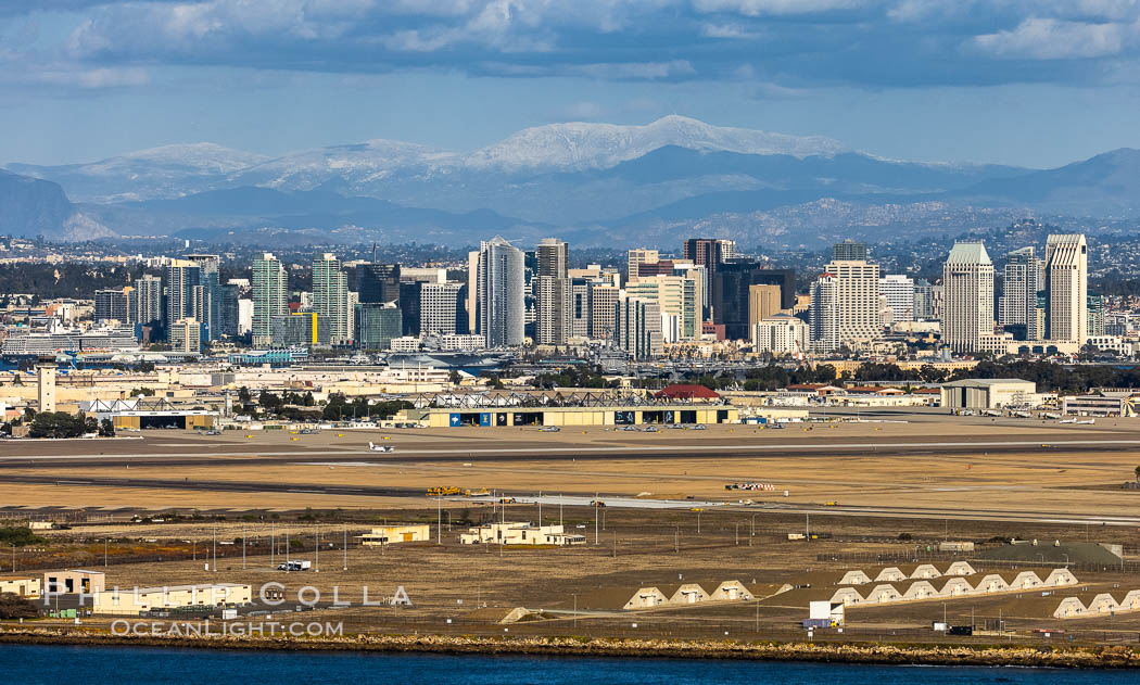 Snow-covered Mount Laguna and San Diego City Skyline at Sunset, viewed from Point Loma, panoramic photograph. California, USA, natural history stock photograph, photo id 36738