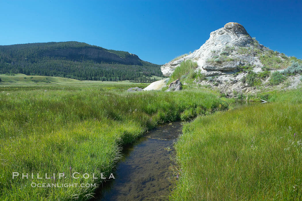 Soda Butte. This travertine (calcium carbonate) mound was formed more than a century ago by a hot spring. Only small amounts of hydrothermal water and hydrogen sulfide gas currently flow from this once more prolific spring. Yellowstone National Park, Wyoming, USA, natural history stock photograph, photo id 13642