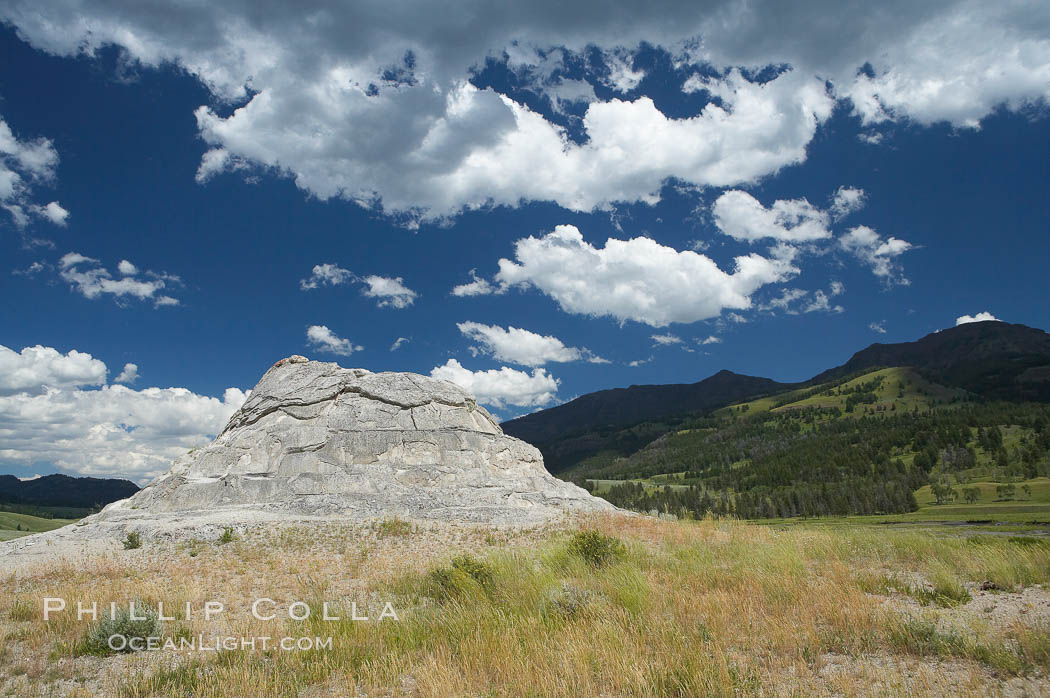 Soda Butte. This travertine (calcium carbonate) mound was formed more than a century ago by a hot spring. Only small amounts of hydrothermal water and hydrogen sulfide gas currently flow from this once more prolific spring. Yellowstone National Park, Wyoming, USA, natural history stock photograph, photo id 13646