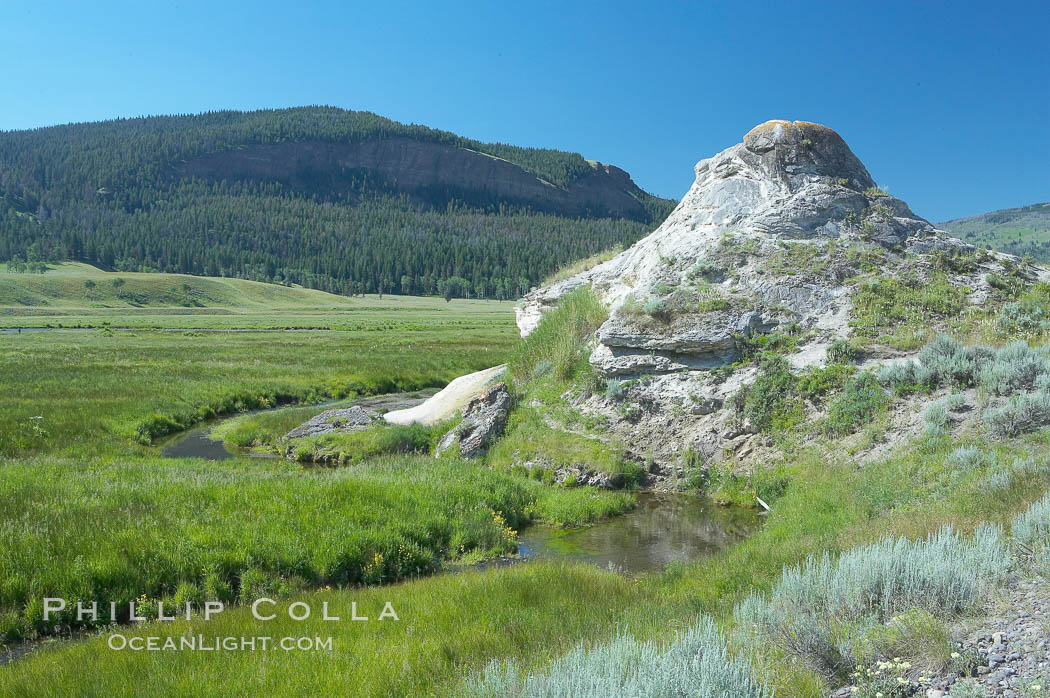 Soda Butte. This travertine (calcium carbonate) mound was formed more than a century ago by a hot spring. Only small amounts of hydrothermal water and hydrogen sulfide gas currently flow from this once more prolific spring. Yellowstone National Park, Wyoming, USA, natural history stock photograph, photo id 13644
