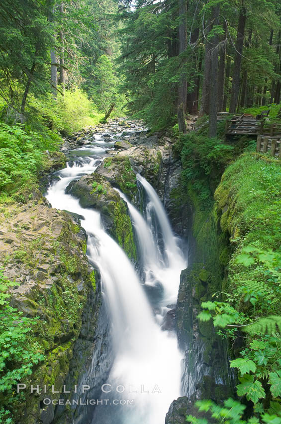 Sol Duc Falls.  Sol Duc Falls is one of the largest and most beautiful waterfalls in Olympic National Park, seen here from a bridge that crosses the canyon just below the falls. Surrounding the falls is an old-growth forest of hemlocks and douglas firs, some of which are three hundred years in age. Sol Duc Springs, Washington, USA, natural history stock photograph, photo id 13751