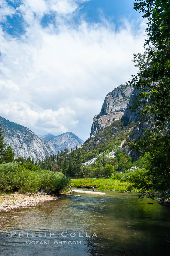 The South Fork of the Kings River flows through Kings Canyon National Park, in the southeastern Sierra mountain range. Grand Sentinel, a huge granite monolith, is visible on the right above pine trees. Late summer. Sequoia Kings Canyon National Park, California, USA, natural history stock photograph, photo id 09853