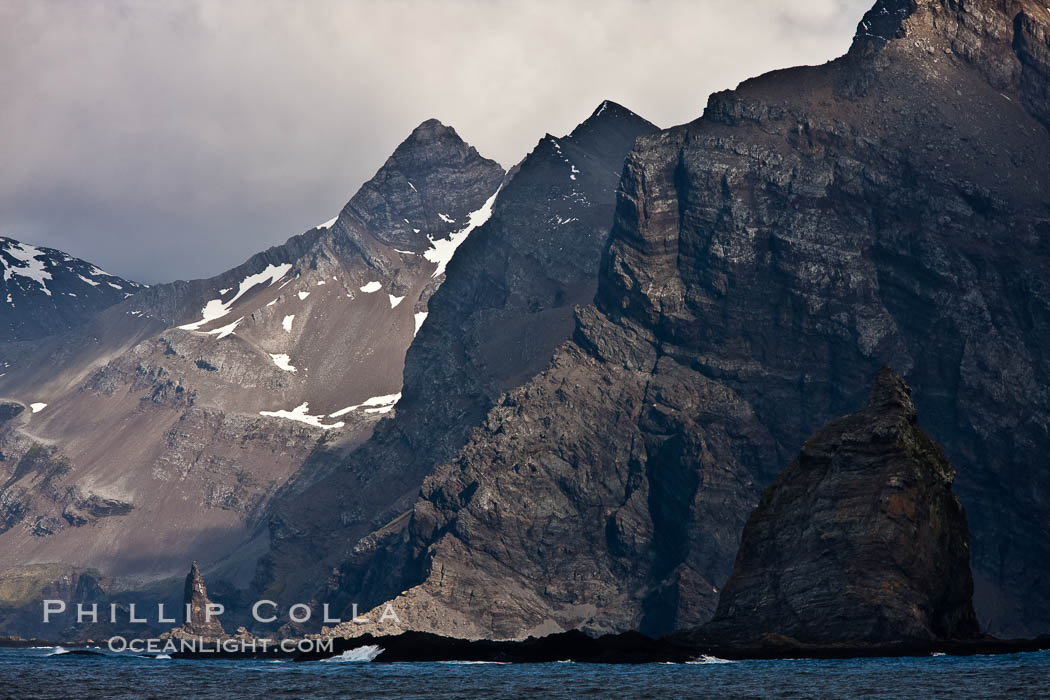 South Georgia Island coastline, showing the island's characteristic rugged topography.  56% of the island is covered by 161 glaciers, which have created numerous large bays and inlets that provide excellent habitat for marine animals and seabirds. Mountains meet the sea in steep-sided seacliffs covered with sparse vegetation.  The highest point on South Georgia Island is Mt. Paget at 2,915m., natural history stock photograph, photo id 24359