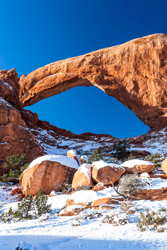 South Window, eastern face, sunrise, winter. Arches National Park, Utah, USA, natural history stock photograph, photo id 18153