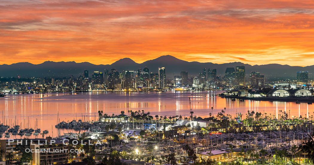 Spectacular Sunrise over San Diego Bay and Downtown San Diego. Mount San Miguel and Mount Lyons in the distance. Shelter Island in the foreground.  Viewed from Point Loma