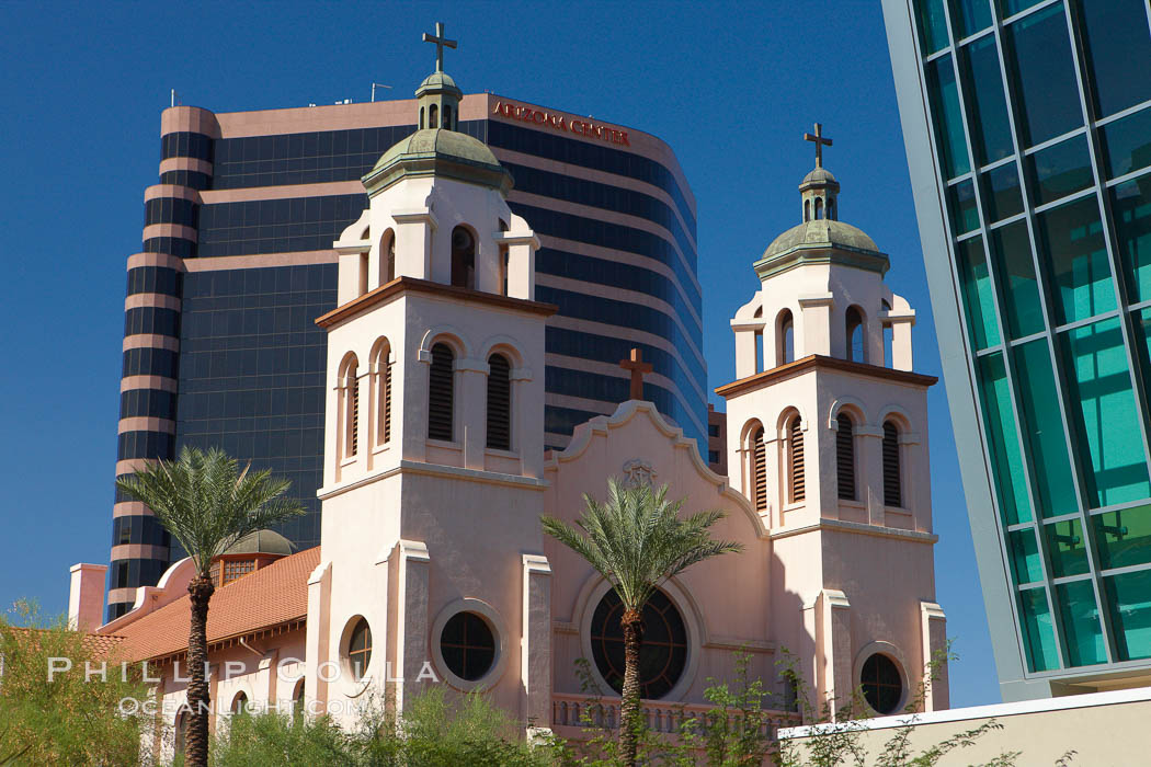 St. Mary's Basilica, in downtown Phoenix adjacent to the Phoenix Convention Center.  The Church of the Immaculate Conception of the Blessed Virgin Mary, founded in 1881, built in 1914, elevated to a minor basilica by Pope John Paul II in 1987. Arizona, USA, natural history stock photograph, photo id 23178