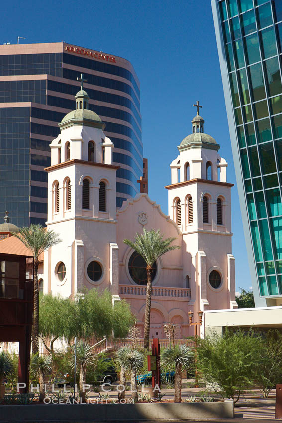 St. Mary's Basilica, in downtown Phoenix adjacent to the Phoenix Convention Center.  The Church of the Immaculate Conception of the Blessed Virgin Mary, founded in 1881, built in 1914, elevated to a minor basilica by Pope John Paul II in 1987. Arizona, USA, natural history stock photograph, photo id 23176