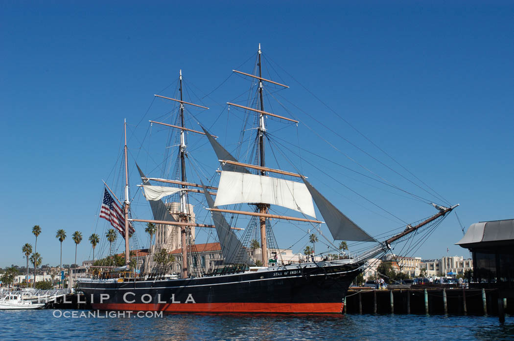 The Star of India is the worlds oldest seafaring ship.  Built in 1863, she is an experimental design of iron rather than wood.  She is now a maritime museum docked in San Diego Harbor, and occasionally puts to sea for special sailing events. California, USA, natural history stock photograph, photo id 07618