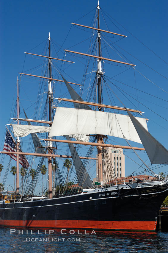 The Star of India is the worlds oldest seafaring ship.  Built in 1863, she is an experimental design of iron rather than wood.  She is now a maritime museum docked in San Diego Harbor, and occasionally puts to sea for special sailing events. California, USA, natural history stock photograph, photo id 07620