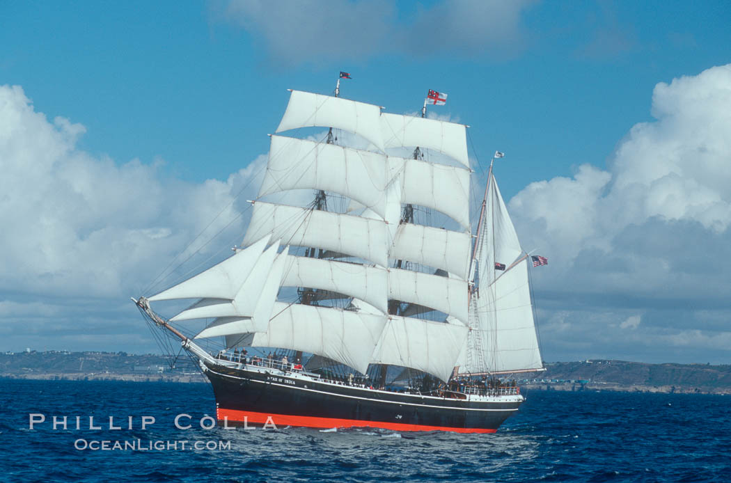 The Star of India under full sail offshore of San Diego. The Star of India is the worlds oldest seafaring ship.  Built in 1863, she is an experimental design of iron rather than wood.  She is now a maritime museum docked in San Diego Harbor, and occasionally puts to sea for special sailing events. California, USA, natural history stock photograph, photo id 07783