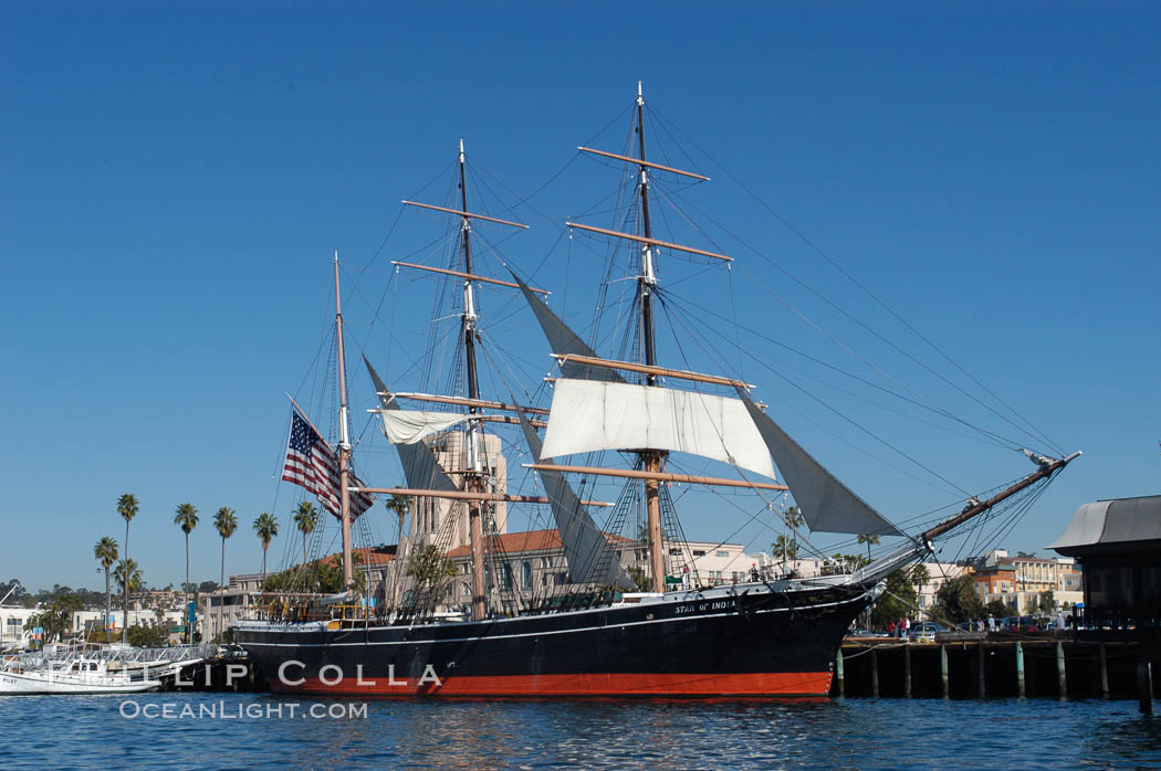 The Star of India is the worlds oldest seafaring ship.  Built in 1863, she is an experimental design of iron rather than wood.  She is now a maritime museum docked in San Diego Harbor, and occasionally puts to sea for special sailing events. California, USA, natural history stock photograph, photo id 07616